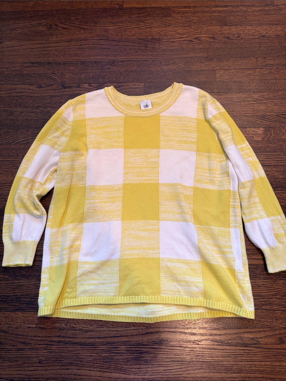 CAbi Yellow and White Check Crewneck Sweater
